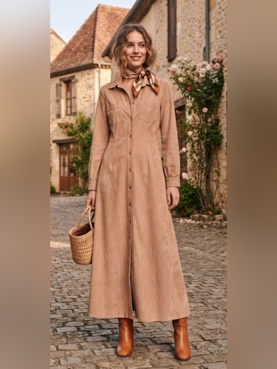 Vintage Dresses & Skirts - Vintage Joanna Faux Suede Maxi Shirt Dress Tan Camel Size M 70s Retro.